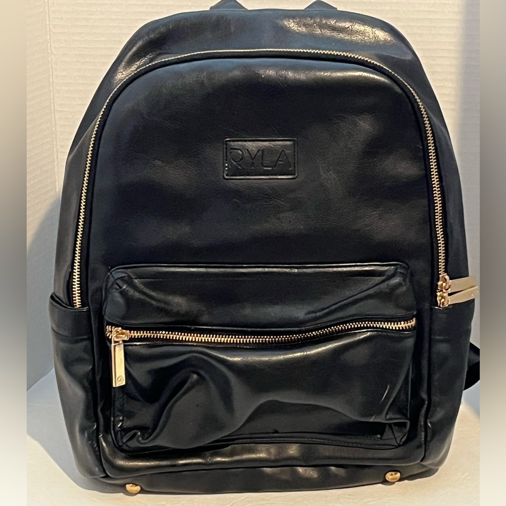 RYLA Minimalist Black Vegan Leather Diaper Bag Backpack with Gold Accents